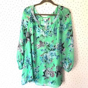 Charter Club Top Womens 3X Green Multicolor Floral Tropical Sheer Beaded Beachy